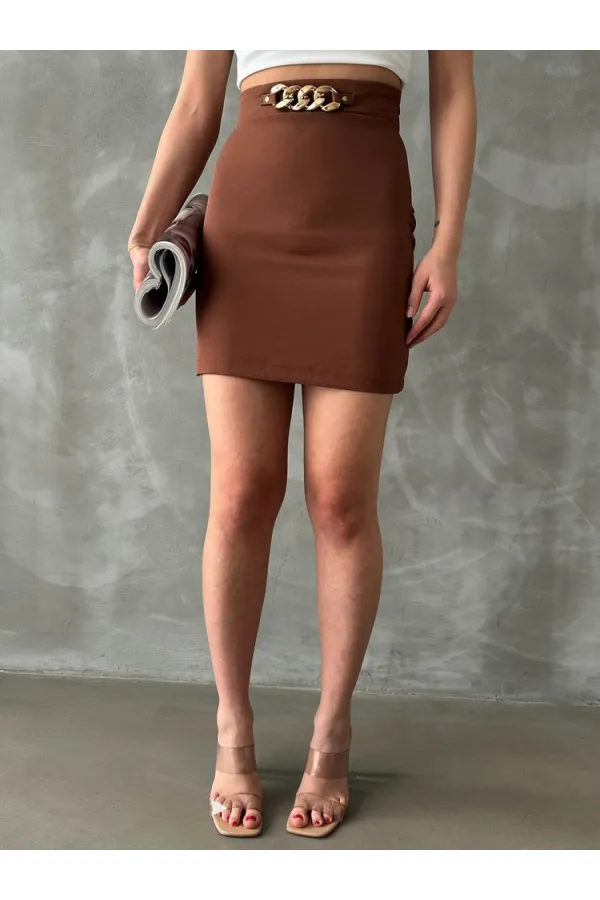 Jupe au-dessus du genou avec chaîne de taille - Marron (vente en gros) | TOPSHOW
