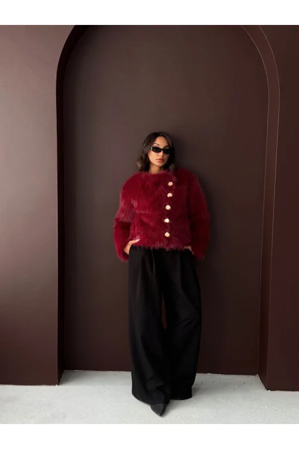 Topshow - Toptan Tavşan Tüyü Dügmeli Kaban - Bordo