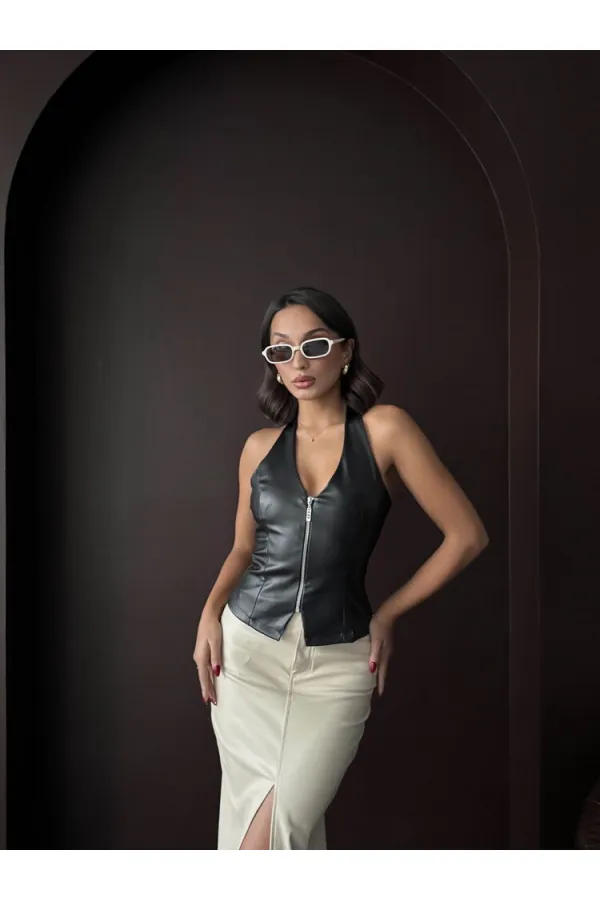 Topshow Sunideri Fermuarlı Toptan Yelek - Siyah | F2036