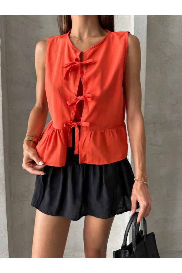 Topshow Orange Front Tie Wholesale Blouse