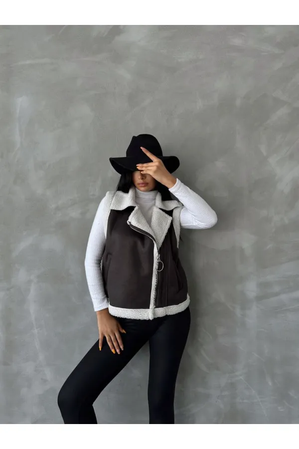 Vente en gros de gilets en daim et fourrure - Anthracite crème | TOPSHOW | F1532