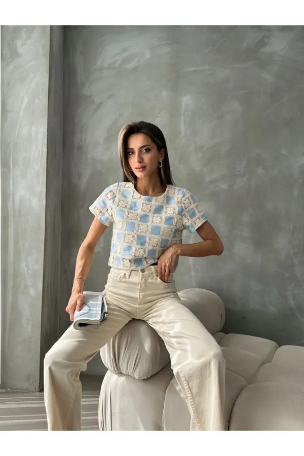 Topshow Raw Blue Short Sleeve Checkerboard Pattern Crochet Wholesale Blouse