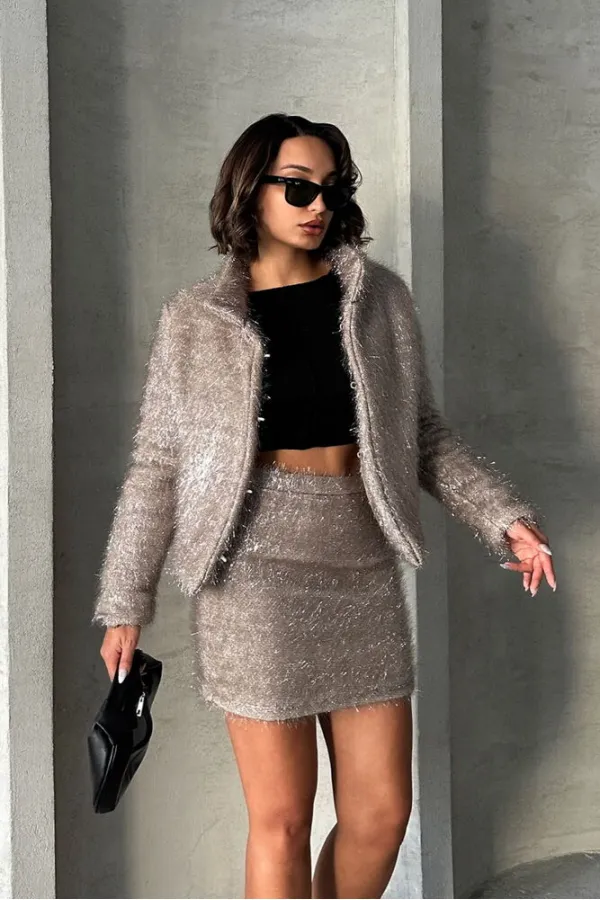 Manteau à franges pailletées en gros - Gris | TOPSHOW | F1838