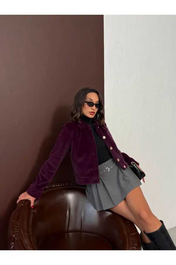 Topshow - Toptan Peluş Düğmeli Mont - MÜRDÜM