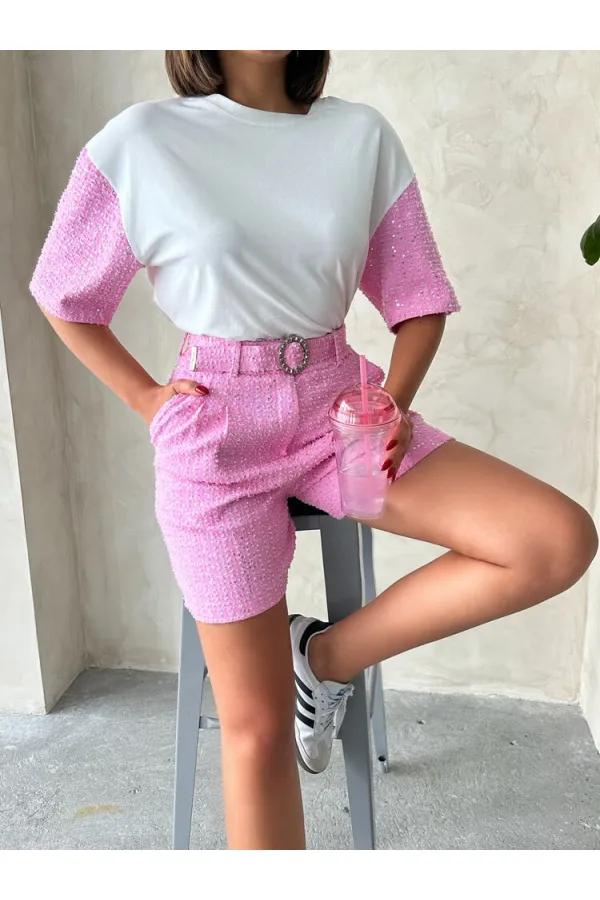 Kol Detaylı Tişort - Pembe | Topshow