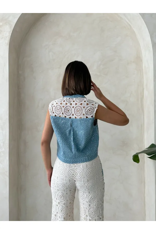 Dantel Detaylı Pullu Kot Ceket - Mavi Topshow