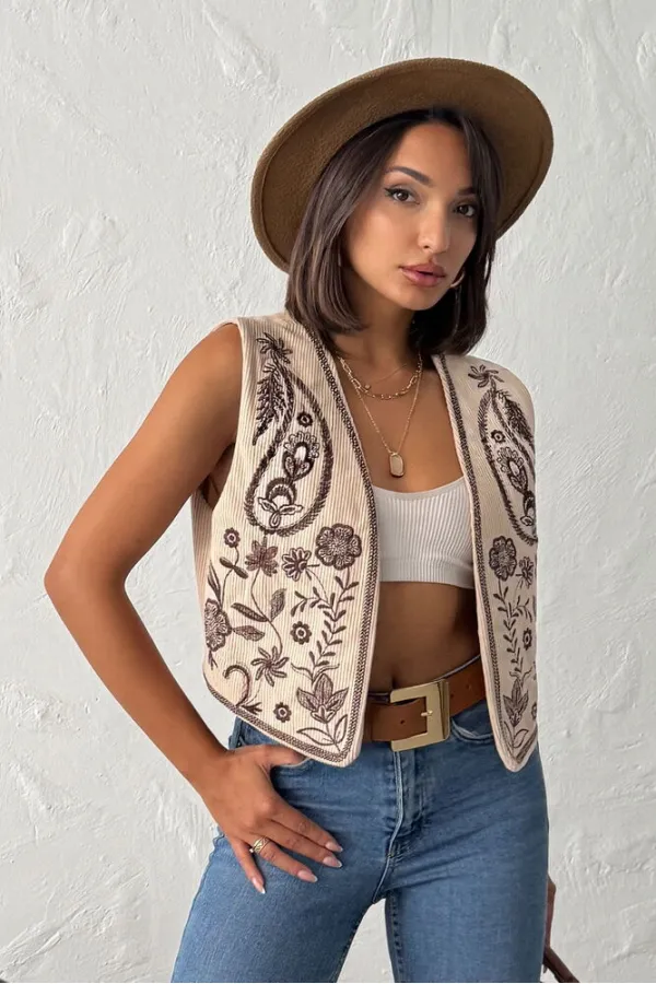 Topshow - Toptan Fitili Kadife Nakışlı Yelek - Taş