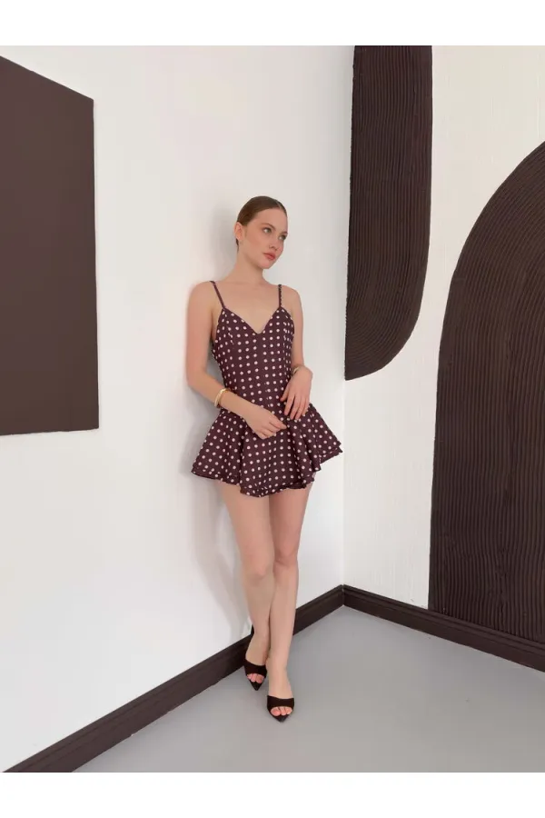 D3003  PUANTİYELİ ASKILI MİNİ ELBİSE - KAHVE TAŞ