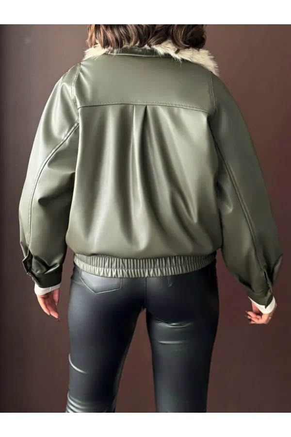 Yakası Kürklü Kruvaze Deri Mont - Haki