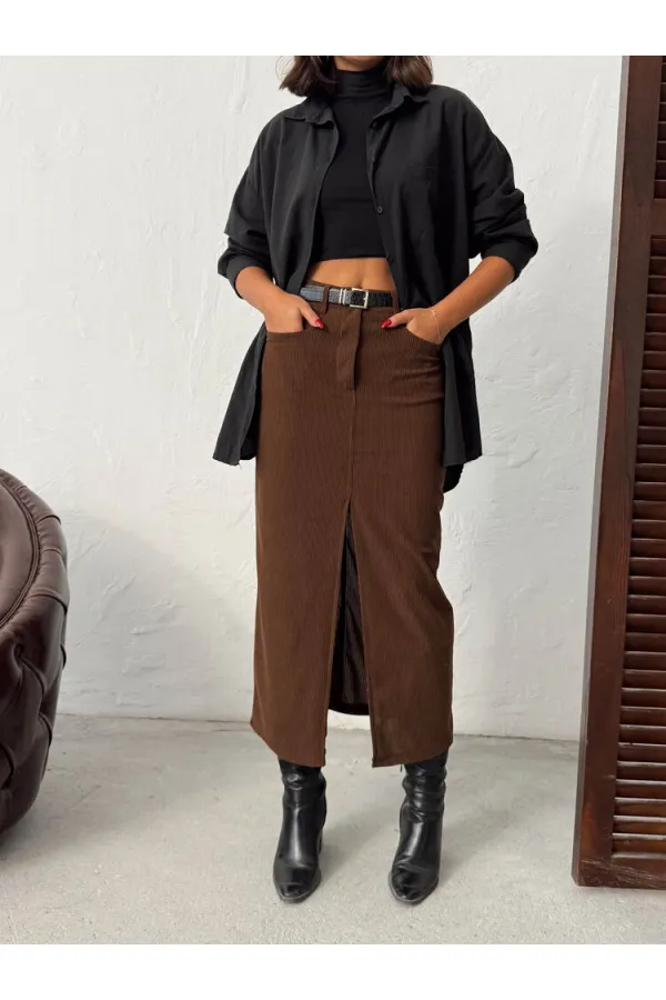 Jupe en velours côtelé Topshow en gros - Marron | F2033