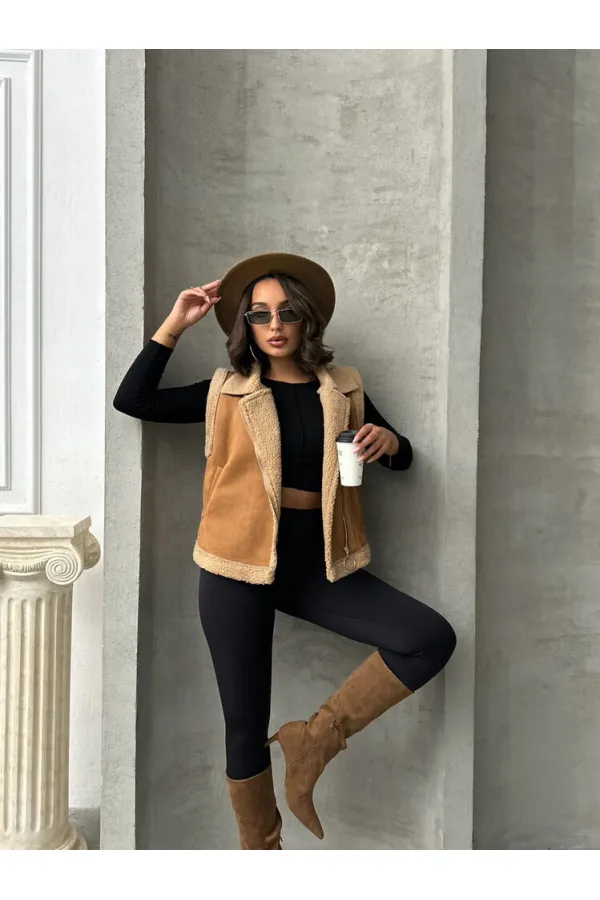 F Suede Collar Furry Wholesale Vest - Tan | TOPSHOW | F1532