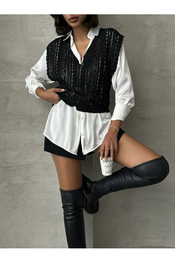 Topshow Black Braided V-Neck Wholesale Blouse