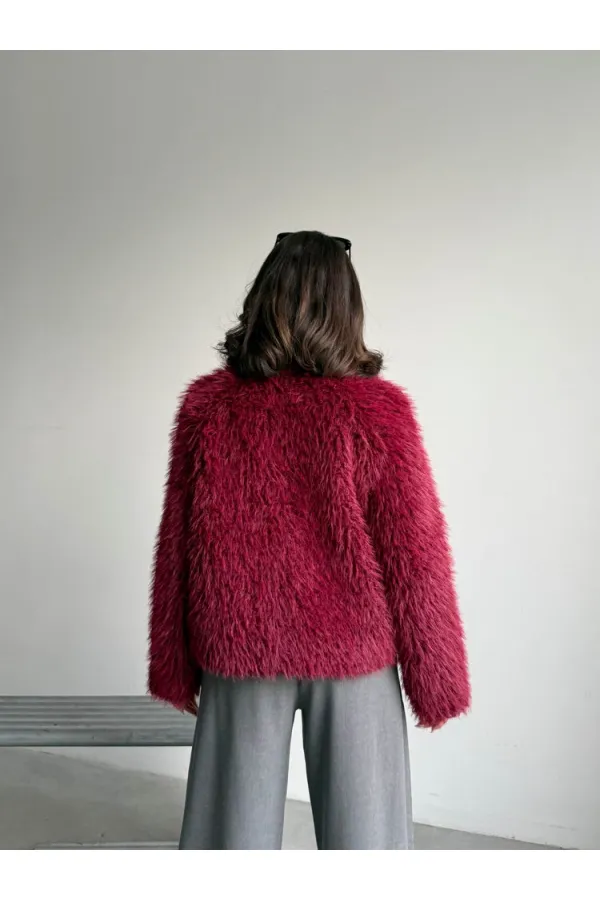 Women's Faux Fur Jacket – Zippered, Soft Textured Modern Winter Coat - BURGUNDY