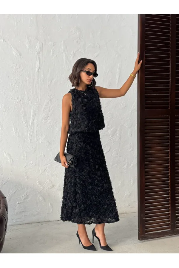 Topshow - Toptan Gül Süzüneli Etek - Siyah