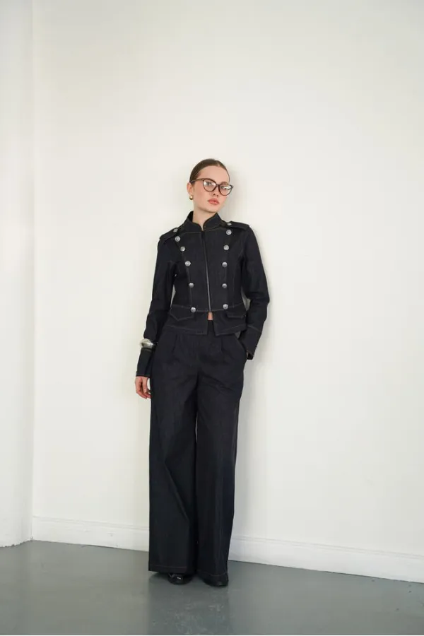 Mandarin Collar Zip-Up Jacket with Epaulets - Navy Blue | F2084 - Topshow