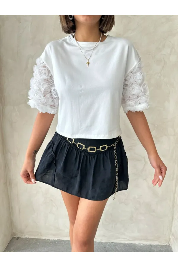 Sleeve Detailed T-Shirt - Cream Topshow
