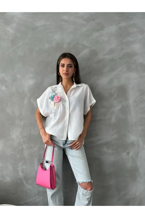 Topshow Krem Çiçek Detaylı Toptan Gömlek