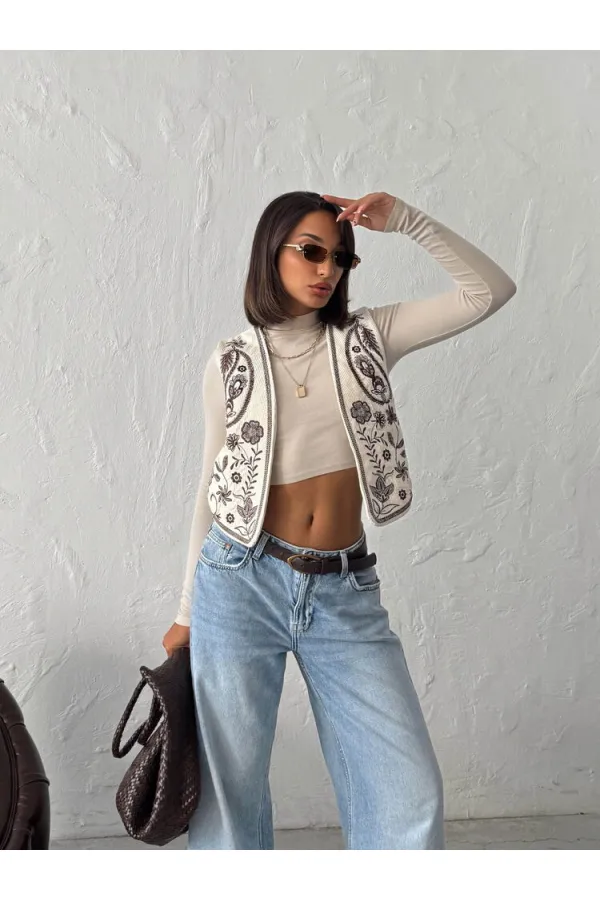 Topshow - Gilet en velours brodé en gros - Crème