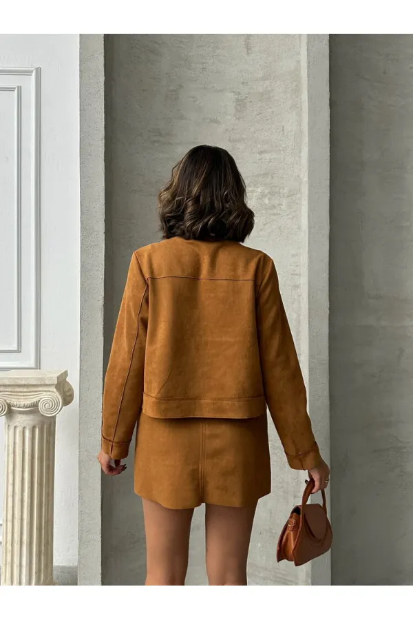 Veste Topshow en daim beige avec poches (vente en gros) | F1800