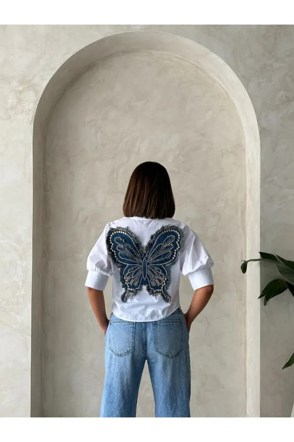 Arkası Kelebek Detaylı Toptan Gömlek - Beyaz | Topshow