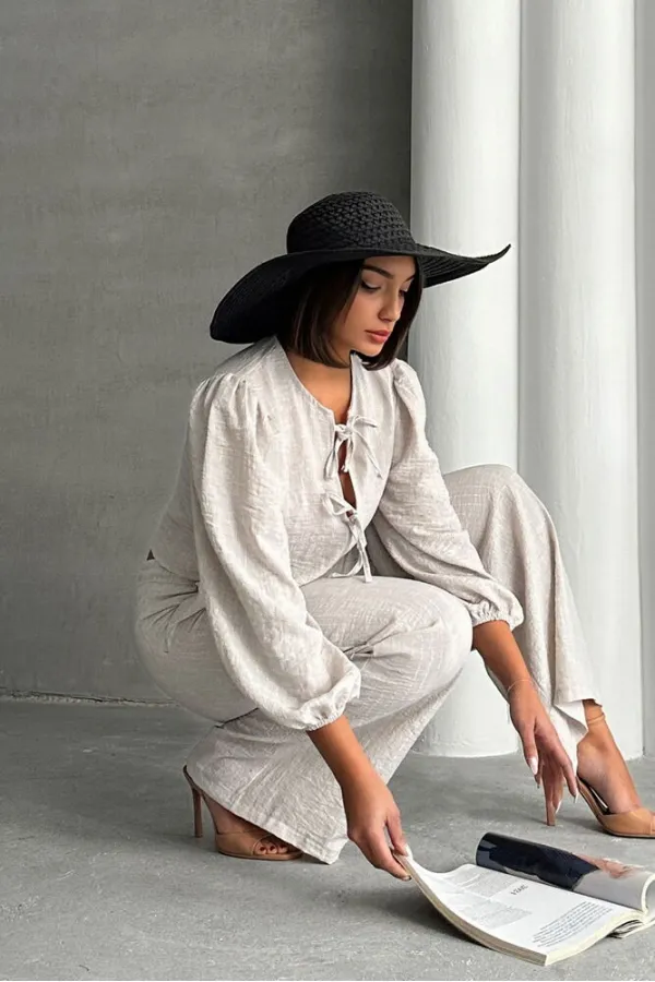 Glitter Striped Front Tie Wholesale Blouse - Stone Silver | TOPSHOW | F1804