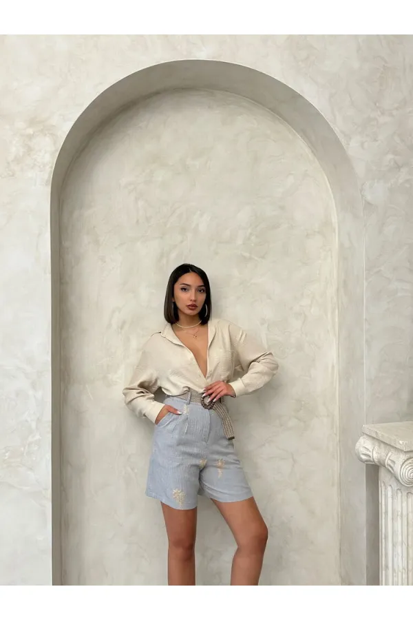 Kemer Detaylı Nakışlı Keten Şort - Gri | Topshow