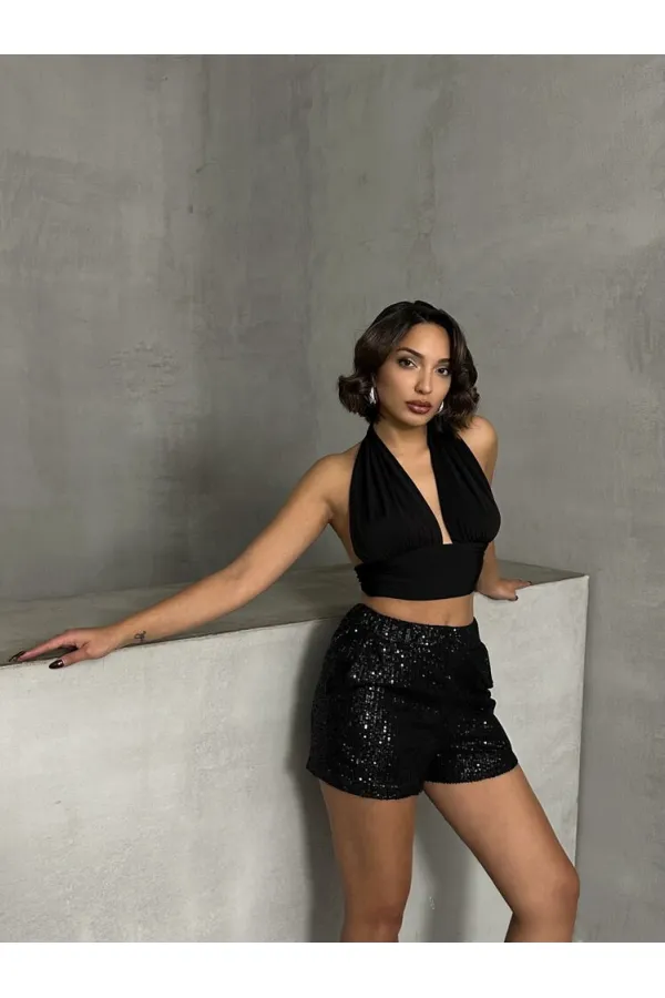 Topshow Siyah  Pullu Toptan Abiye Şort