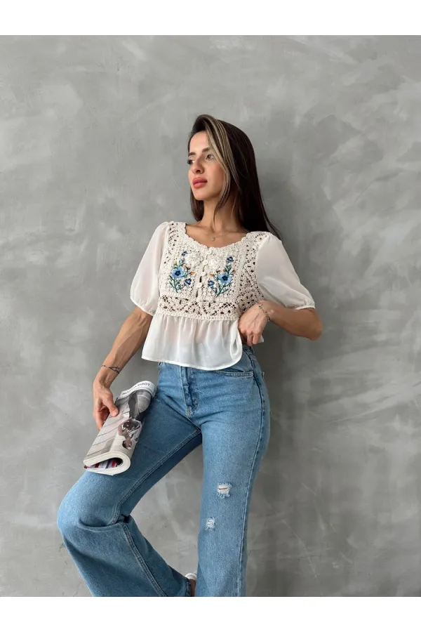 Topshow Stone Cream Embroidered Wholesale Blouse