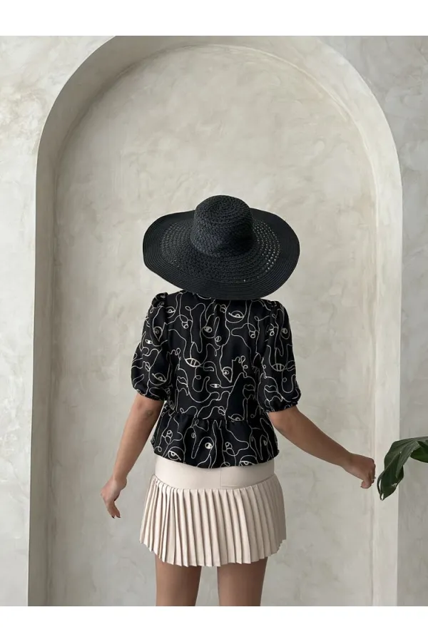 Önden Bağlamalı Nakışlı Toptan Bluz - Siyah | Topshow