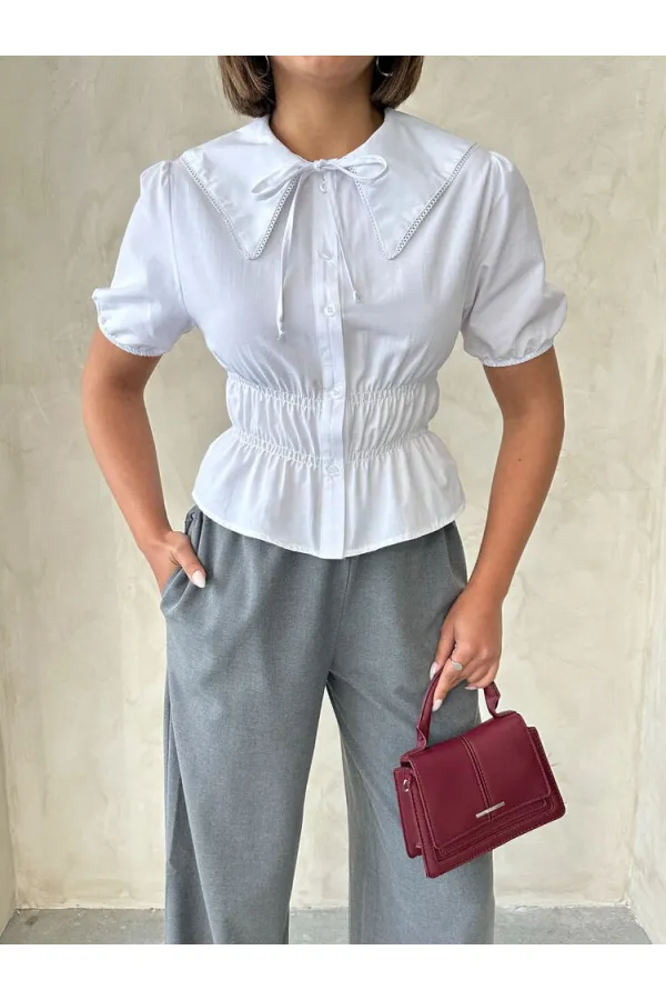 Yaka Detaylı Büzgülü Gömlek - Beyaz Topshow