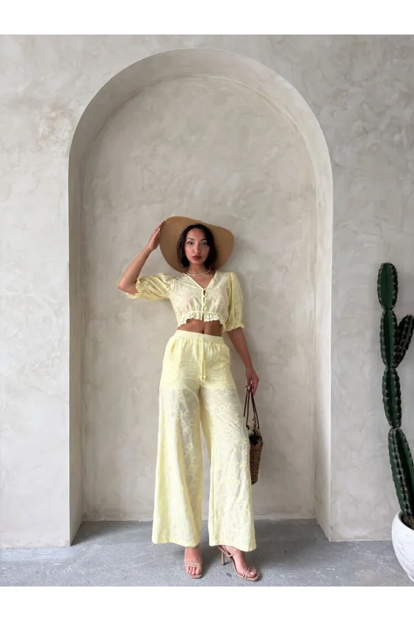 Embroidered Blouse with Scallop Detail - Yellow | Topshow