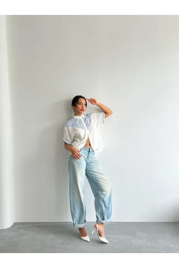 Chemise rayée à détails en gros - Bleu clair | Topshow