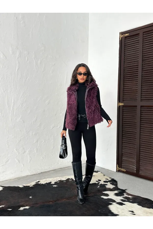 Gilet en fausse fourrure pour femme Topshow (vente en gros) – Fermeture éclair, texture douce – Prune | F2046