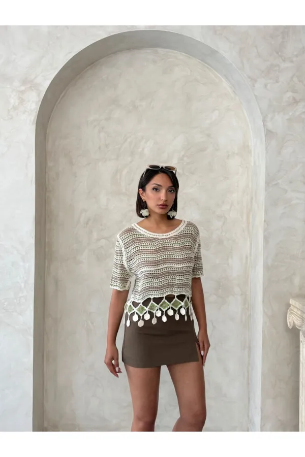 Topshow Emerald Mesh Bottom Pompom Wholesale Blouse