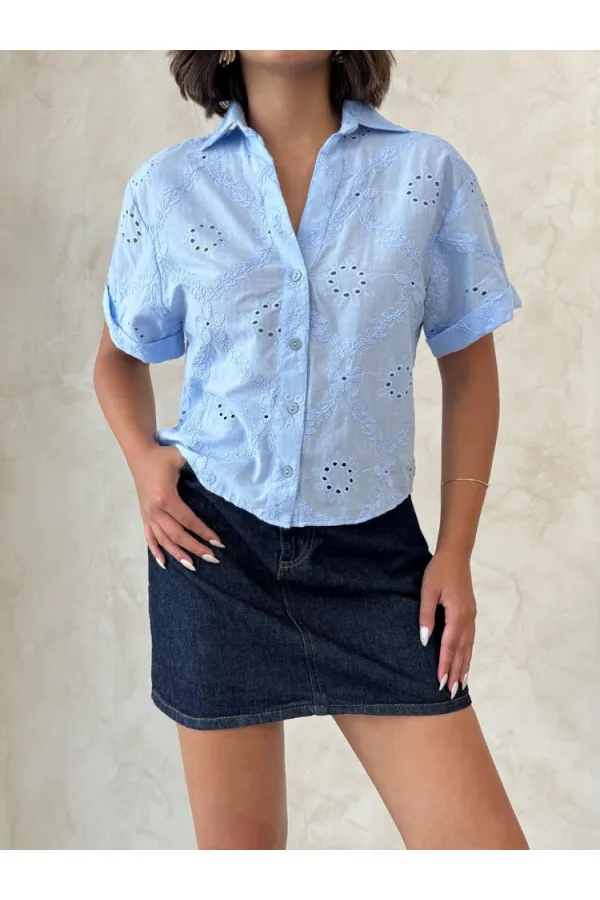 Dantel İşlemeli Toptan Gömlek - Mavi | Topshow