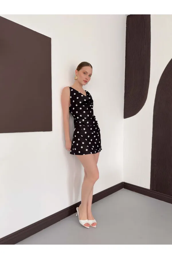 Puantiye Baskılı Elbise - Siyah Krem | D3024 Topshow