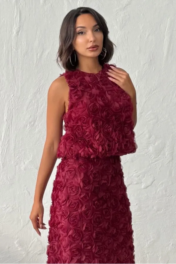 Topshow - Toptan Gül Süzüneli Kolsuz Bluz - Bordo