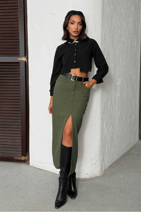 Jupe en velours côtelé Topshow en gros - Kaki | F2033