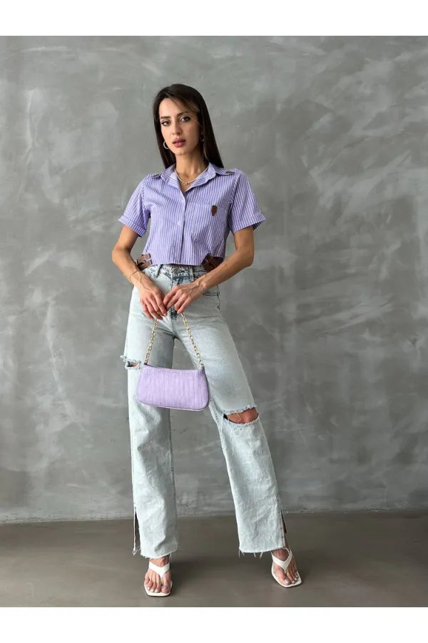 Topshow Lilac Striped Belt Detailed Striped Wholesale Shirt