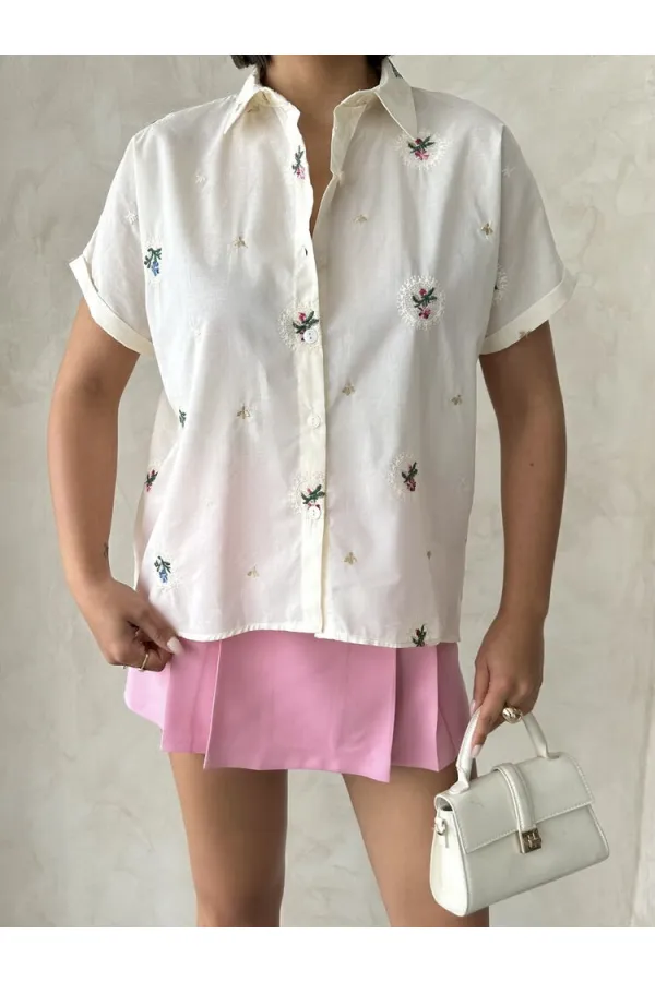 Nakışlı Toptan Gömlek - Taş | Topshow