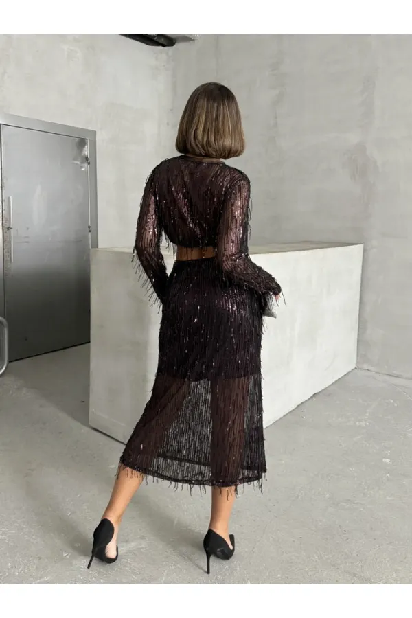 Tüy Pullu Toptan Etek - Siyah Bordo | TOPSHOW | F1621