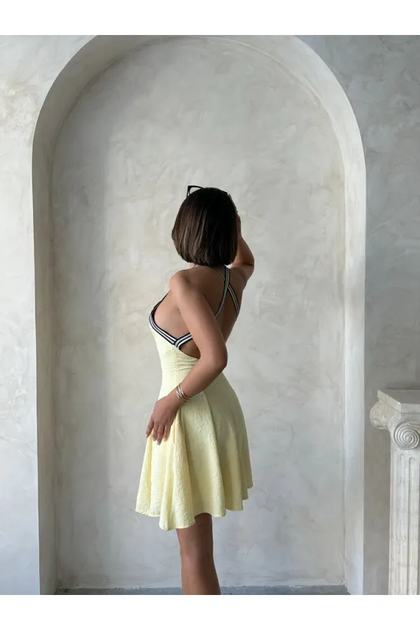 Şeritli Kolsuz Elbise - Sarı Topshow