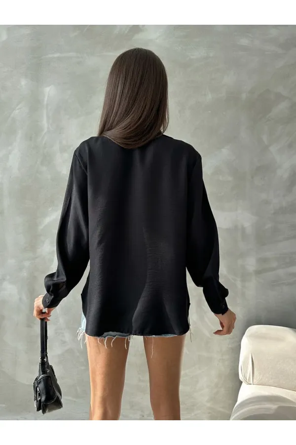 Pocket Detailed Linen Wholesale Shirt - Black | TOPSHOW | F1661