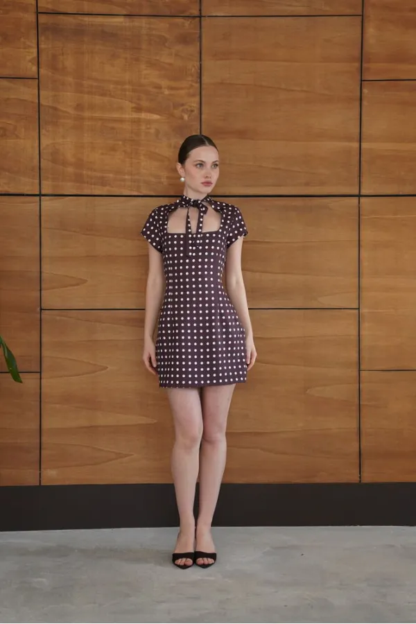 Polka Dot Satin Wholesale Dress - Brown | D2978 - Topshow