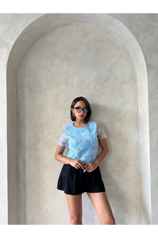 Boncuk İşlemeli Toptan Bluz - Mavi | Topshow