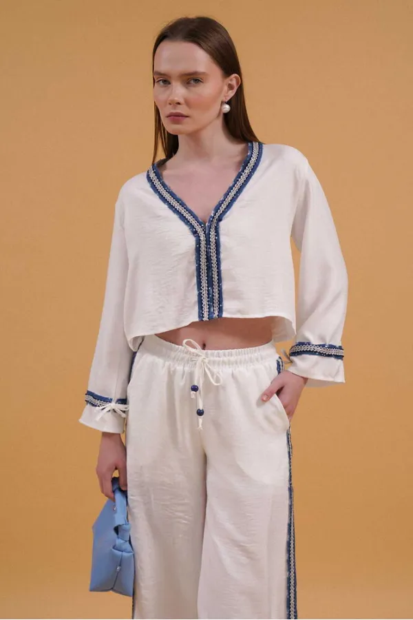 Kot Şeritli Toptan Gömlek - Krem | Topshow | F1888