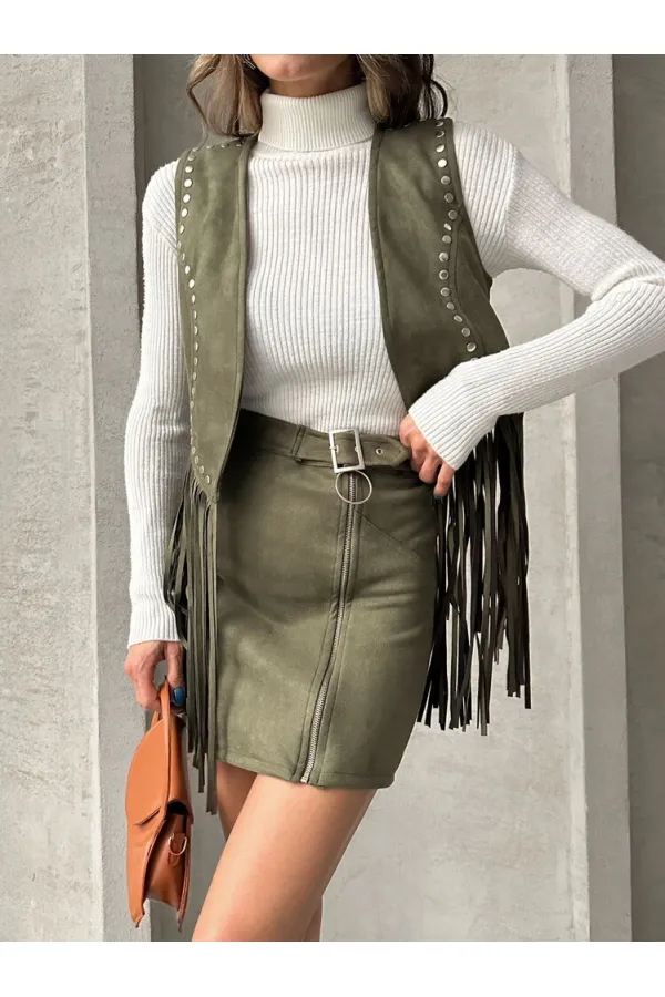 Süet Fermuarlı Toptan Etek - Haki | TOPSHOW | F0121