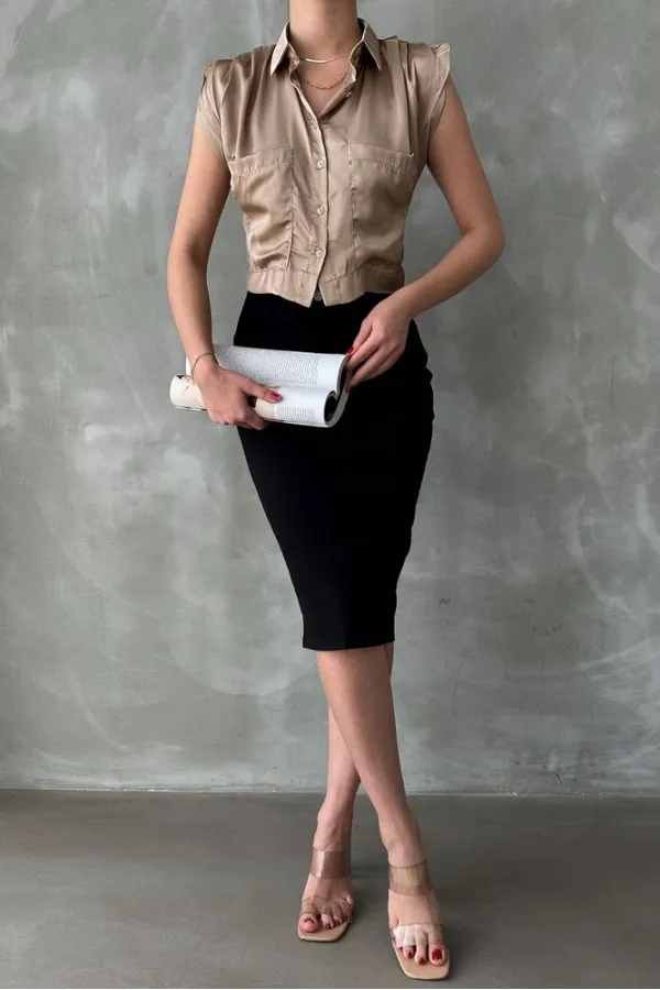 Topshow Mink Zero Sleeve Satin Above Belly Wholesale Shirt