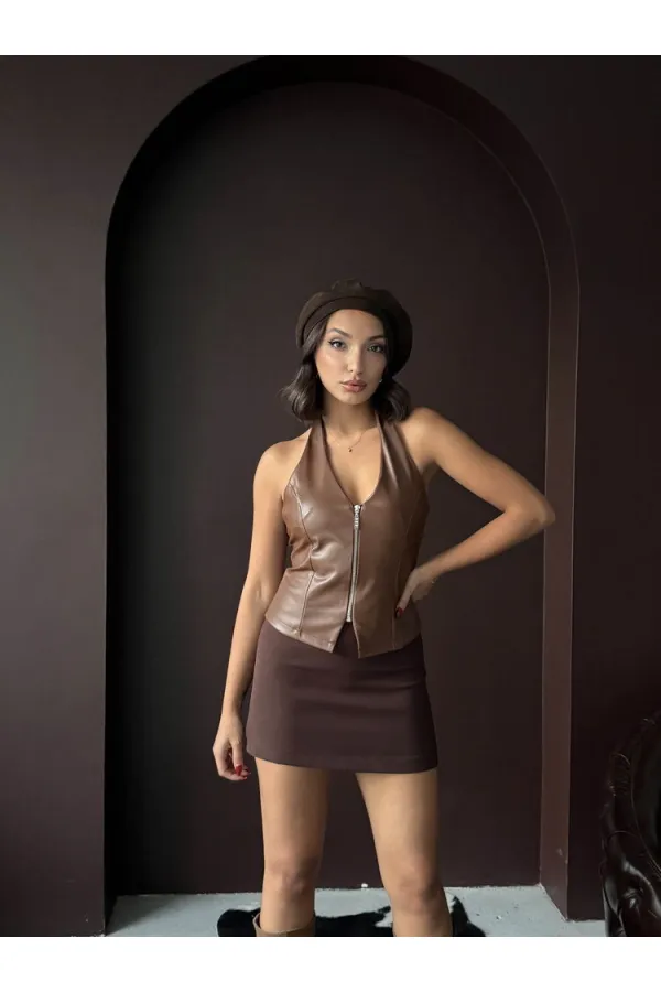 Topshow Sunideri Fermuarlı Toptan Yelek - Kahve | F2036