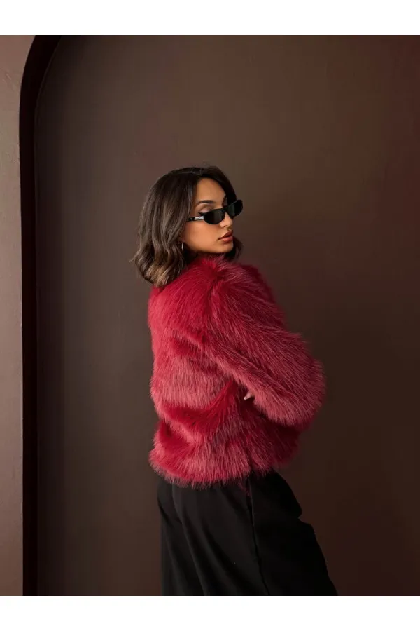 Topshow - Toptan Tavşan Tüyü Dügmeli Kaban - Bordo